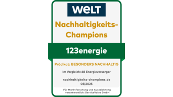 123energie wird als Nachhaltigkeits-Champion in der Branche „Energieversorger" mit dem Prädikat BESONDERS NACHHALTIG ausgezeichnet.