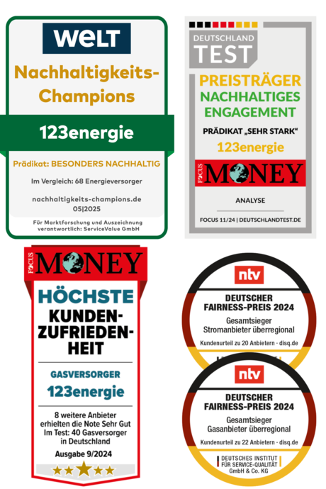 Auszeichnungen für 123energie im Bereich Kundenzufreidenheit und Nachhaltigkeit