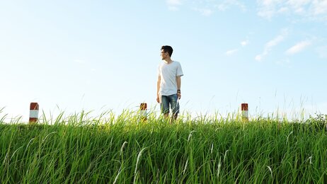 Mann, Gras, Himmel, Pfosten, Wolken