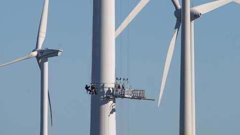 Windkraftanlage, Himmel, Windenergieanlage, Rotorblätter, Montage, Menschen, Windrad